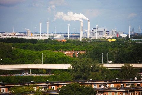 Framed Smoke Stacks and Windmills at Power Station, Netherlands Print