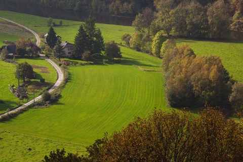 Framed Elevated view of Frahan village farmhouse from the town of Rochehaut, Semois, Ardennes, Belgium Print
