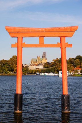 Framed Saint-Etienne Cathedral viewed through from Japanese Gate, Moselle River, Metz, Lorraine, Moselle, France Print