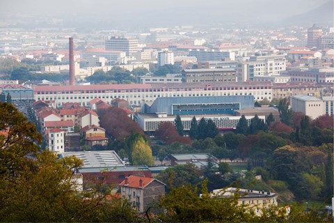 Framed Aerial view of city and Michelin tire factory from Parc de Montjuzet, Clermont-Ferrand, Auvergne, Puy-de-Dome, France Print