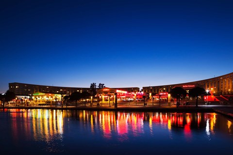 Framed Restaurants by the Esplanade de l'Europe at dusk, Montpellier, Herault, Languedoc-Roussillon, France Print