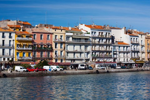 Framed Old Port waterfront with buildings in the background, Sete, Herault, Languedoc-Roussillon, France Print