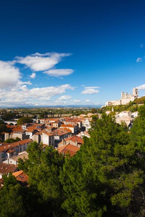 Framed Elevated view of a town with Cathedrale Saint-Nazaire in the background, Beziers, Herault, Languedoc-Roussillon, France Print