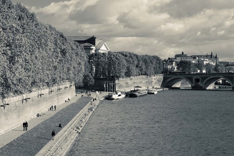 Framed Boats at Quai de la Daurade, Toulouse, Haute-Garonne, Midi-Pyrenees, France (black and white) Print