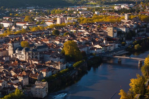 Framed Elevated view of a town viewed from Mont St-Cyr, Cahors, Lot, Midi-Pyrenees, France Print