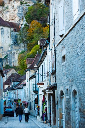 Framed Tourists walking in the street of lower town, Rocamadour, Lot, Midi-Pyrenees, France Print