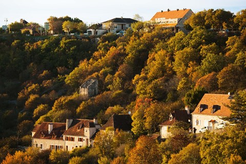 Framed Buildings in L'Hospitalet village at sunset, Rocamadour, Lot, Midi-Pyrenees, France Print
