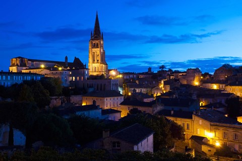 Framed Elevated view of a Town with Eglise Monolithe Church at Dawn, Saint-Emilion, Gironde, Aquitaine, France Print