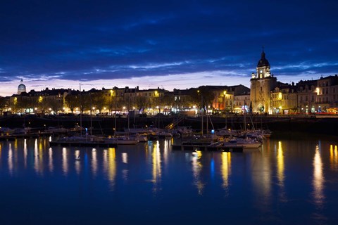 Framed Buildings at the waterfront lit up at dusk, Old Port, La Rochelle, Charente-Maritime, Poitou-Charentes, France Print
