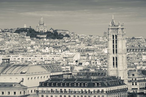 Framed City with St. Jacques Tower and Basilique Sacre-Coeur viewed from Notre Dame Cathedral, Paris, Ile-de-France, France Print