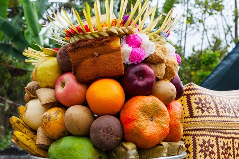 Framed Basket of fruits and bakery items being offered at temple on holy day, Tiga, Susut, Bali, Indonesia Print