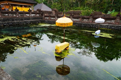 Framed Covered stones with umbrella in ritual pool at holy spring temple, Tirta Empul Temple, Tampaksiring, Bali, Indonesia Print