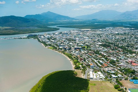 Framed Aerial view of the City at Waterfront, Cairns, Queensland, Australia Print