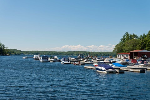 Framed Boats in the sea, Rose Point Marina, Parry Sound, Ontario, Canada Print