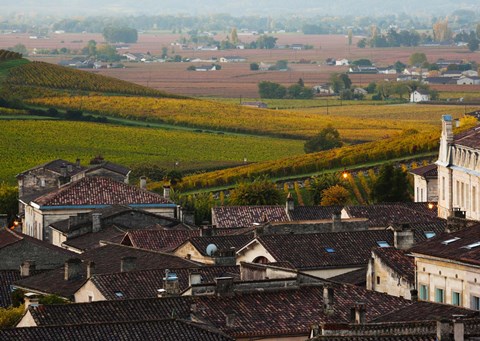 Framed Elevated town view with Vineyards, Saint-Emilion, Gironde, Aquitaine, France Print