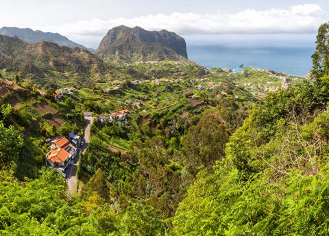 Framed High angle view of Porto da Cruz and Penha de Aguia from Portela, Madeira, Portugal Print