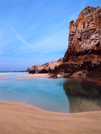 Framed Beach with a lighthouse in the background, Pointe Du Toulinguet, Crozon, Finistere, Brittany, France Print