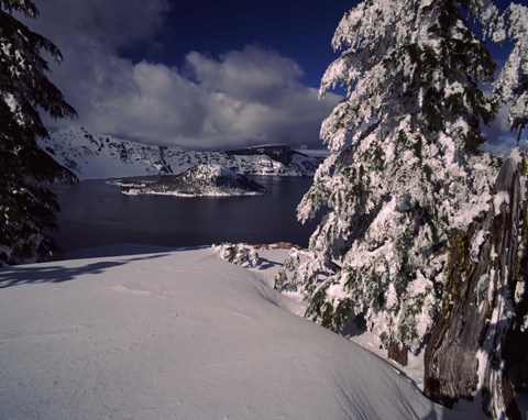 Framed Crater Lake in winter, Wizard Island, Crater Lake National Park, Oregon, USA Print