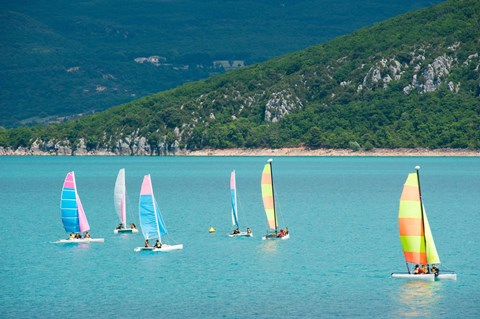 Framed Windsurfers on the lake, Lac de Sainte Croix, Sainte-Croix-Du-Verdon, Provence-Alpes-Cote d&#39;Azur, France Print