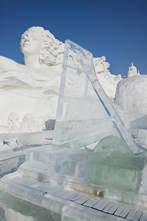 Framed Ice piano by frozen Sun Island Lake at Harbin International Sun Island Snow Sculpture Art Fair, Harbin, China Print
