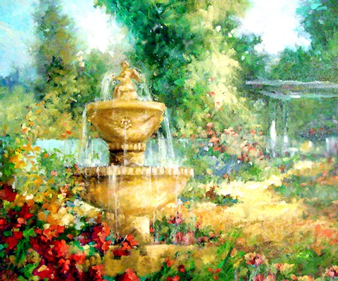Framed Garden Fountain Print