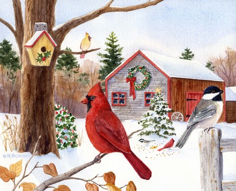 Framed Cardinal, Chickadee &amp; Christmas Barn Print