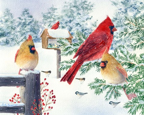 Framed Cardinals In Snow Flurry Print