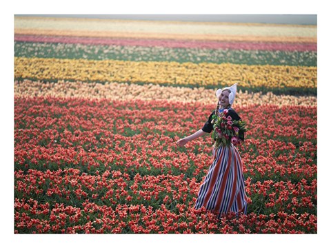 Framed Dutch Girl in Tulip Fields Print