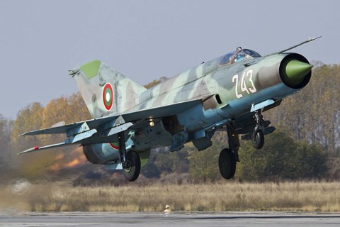 Framed Bulgarian Air Force MiG-21bis jet fighter taking off Print