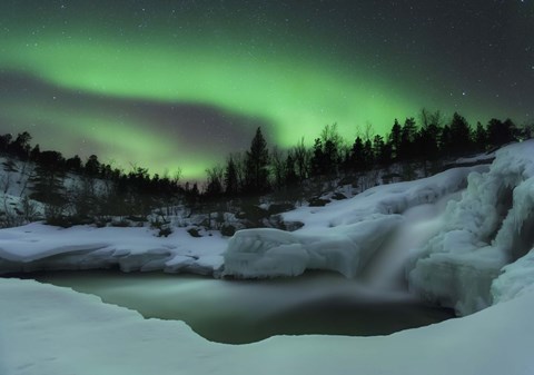 Framed wintery waterfall and aurora borealis over Tennevik River, Norway Print