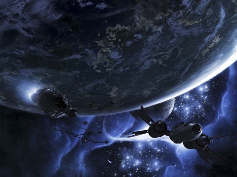 Framed Vulture ships hunt down and dismantle derelict spacecraft Print