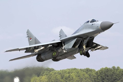 Framed Serbian Air Force MiG-29 departing with two AA-8 Aphid missiles Print
