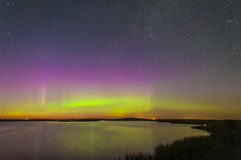 Framed faint aurora over Crawling Lake reservoir, Bassano, Alberta, Canada Print