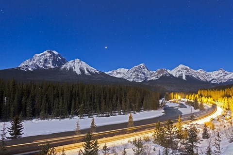 Framed moonlit nightscape over the Bow River and Morant&#39;s Curve in Banff National Park, Canada Print