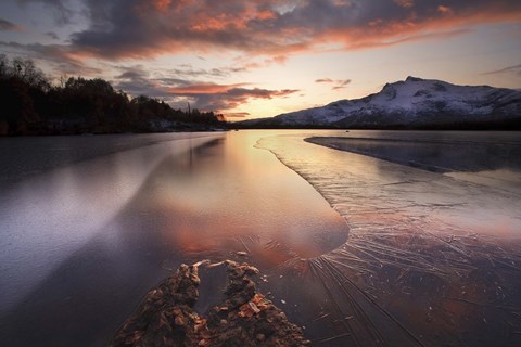 Framed frozen Straumen Lake on Tjeldoya Island in Nordland County, Norway Print