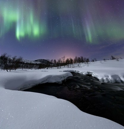 Framed Aurora Borealis over Blafjellelva RIver in Troms County, Norway Print