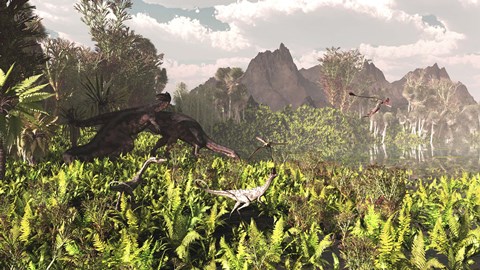 Framed Plateosaurus and Ceolophysis dinosaurs of the Triassic period Print