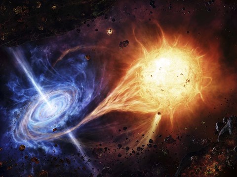 Framed binary system orbiting near a black hole Print