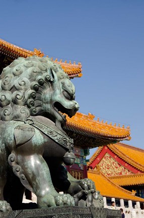 Framed Bronze mythological lion statue, Forbidden City, Beijing, China Print