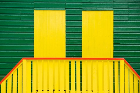 Framed Yellow and Green wooden cottages, Muizenberg Resort, Cape Town, South Africa Print