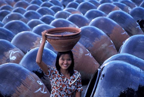 Framed Girl with Pottery Jars, Myanmar Print