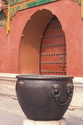 Framed Fire Kettle by Doorway of the Palace Museum, Beijing, China Print