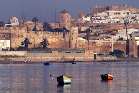 Framed Fishing Boats with 17th century Kasbah des Oudaias, Morocco Print