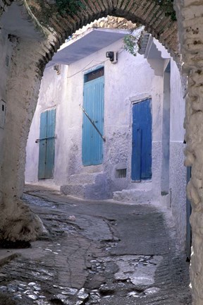 Framed Blue Doors and Whitewashed Wall, Morocco Print