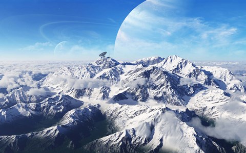 Framed gas giant rises in the distance over a massive slumbering volcano Print