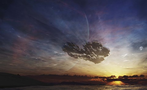 Framed despairing man sits on the beach, watching as the sun sets on his heart Print