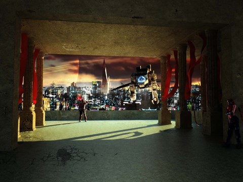 Framed woman spys from the shadows as a utility craft swoops into view Print