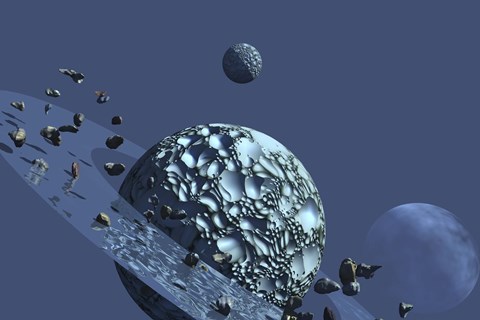 Framed ringed rocky planet has many asteroids in orbit Print