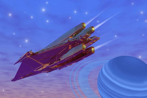 Framed spacecraft flys near a gas giant planet Print