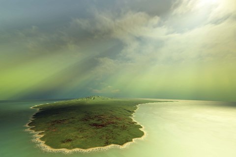 Framed Beautiful rays of sun stream down on an island in the ocean Print